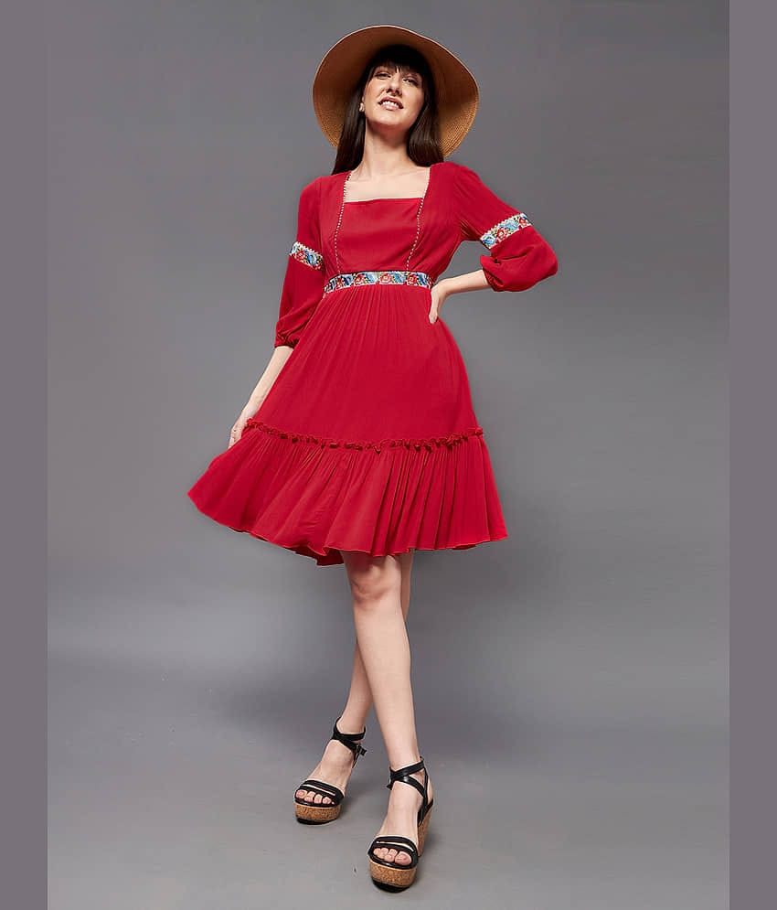 Miss Chase Women Rayon Solid Fit & Flare Dress ( Red )