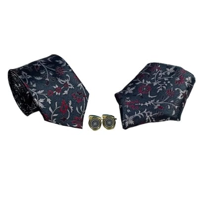 VOICI France mens necktie pocket square and cufflinks combo gift set Grey color free size 0 - Blue1