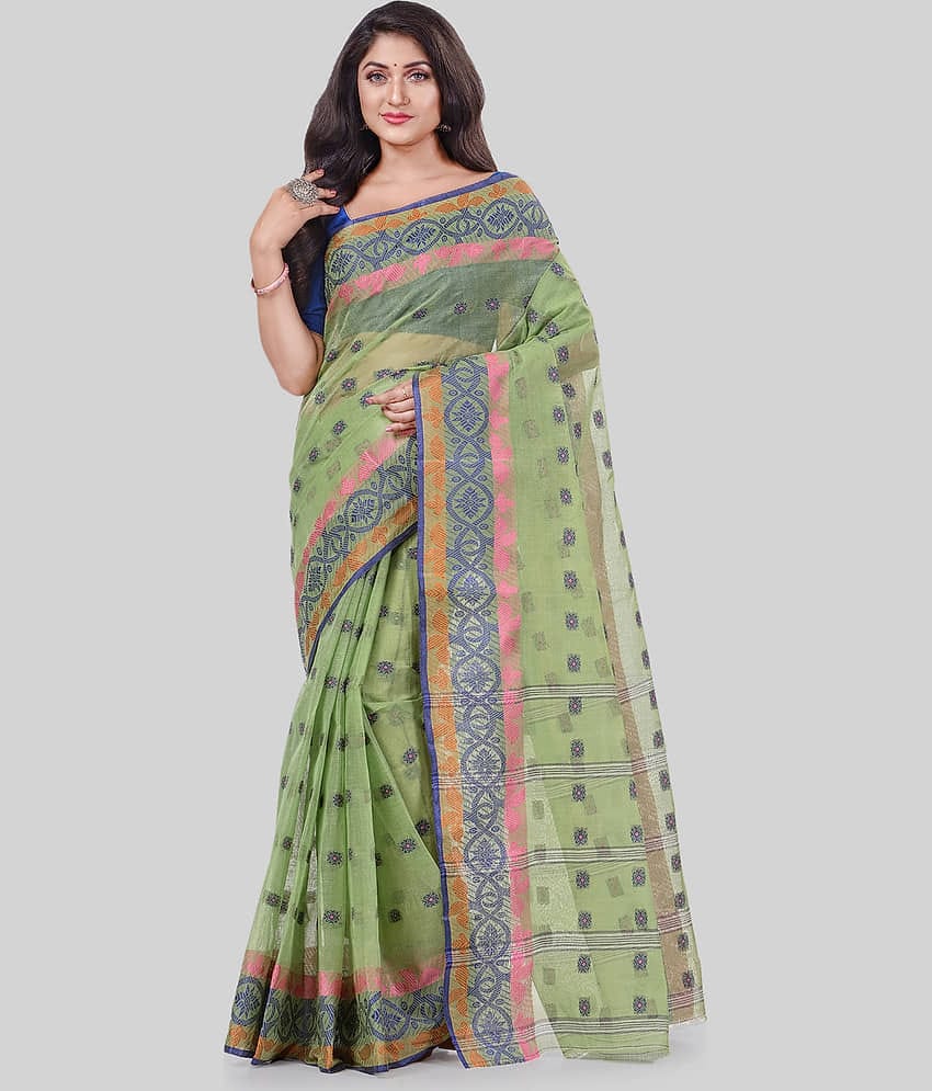 Desh Bidesh Cotton Self Design Saree Without Blouse Piece ( Green )