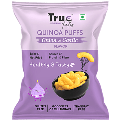 True Tales Quinoa Puffs - Onion & Garlic Flavor, Baked, Crunchy, Gluten Free, 100 g