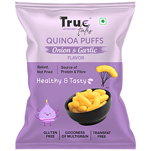 True Tales Quinoa Puffs - Onion & Garlic Flavor, Baked, Crunchy, Gluten Free, 100 g