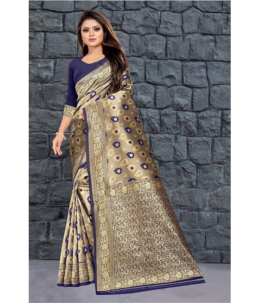 Gazal Fashions Banarasi Silk Saree With Unstitched Blouse Piece ( Blue )