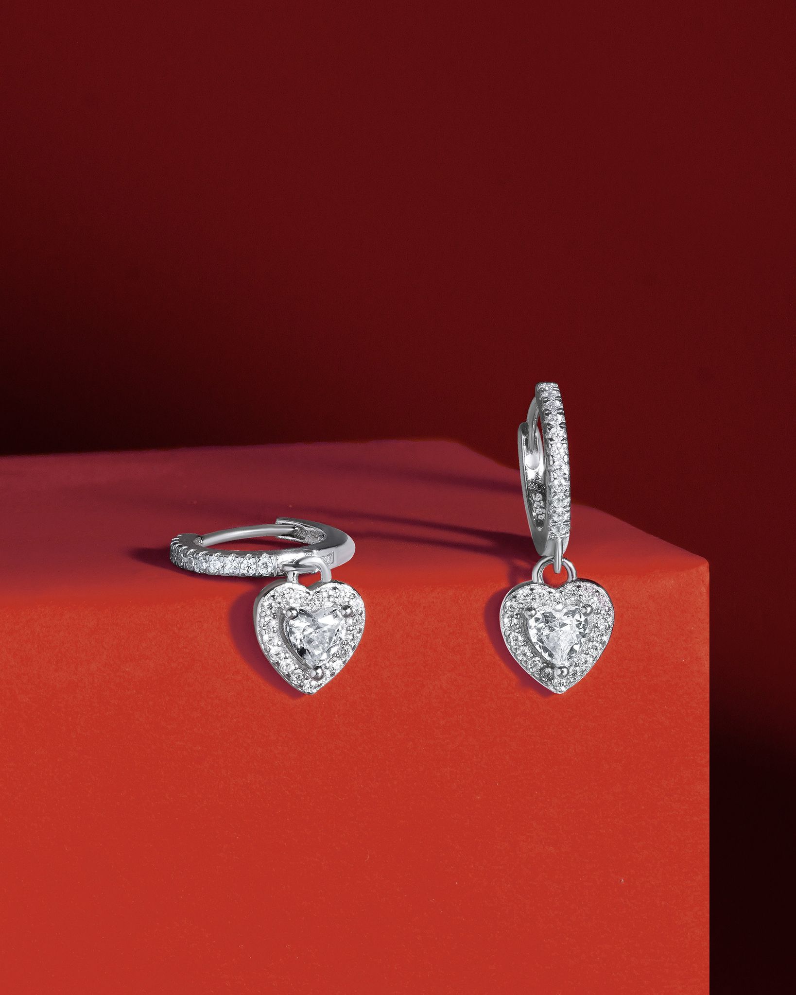 Eternal Love Solitaire Heart Hoops-Rhodium plated