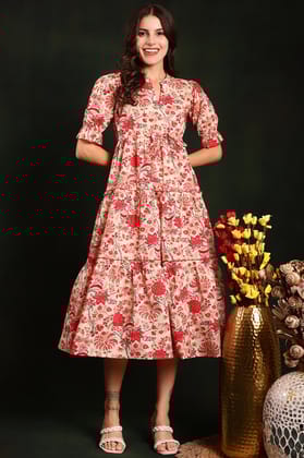 Red Colour Floral Printed Cotton Dress-S