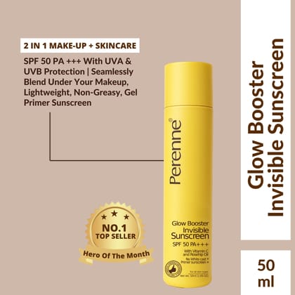Perenne Glow Booster Invisible Sunscreen SPF 50 PA+++ | No White Cast | UVA & UVB Protection | Vitamin C & Rosehip Oil | Lightweight & Non-Greasy | Primer Sunscreen | For Men & Women (50ml)-Pack 