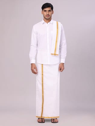 Mens Pure Cotton Wedding White Shirt with Flexi Waist Gold Jari Dhoti and Towel Combo - Anandham White-36 / F/S / White