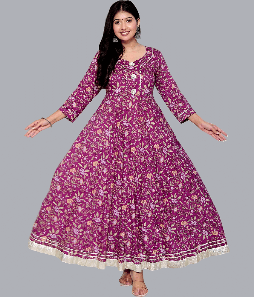 miravan Pack of 1 Cotton Printed Anarkali Women's Kurti - ( Purple )