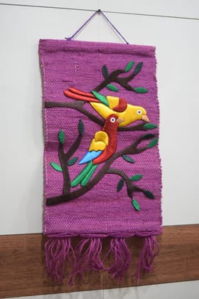Handmade Bird Wall Decor, Purple Woven Fabric with Embroidered Birds, Tree Branch Design, Decorative Textile Art