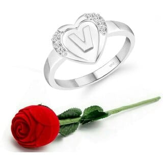 VFJ cz alloy Rhodium plated Valentine collection Initial"V"Letter in heart ring