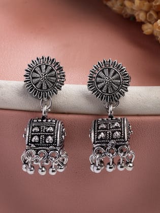 NVR Women Silver-Plated Oxidized Contemporary Jhumkas Earrings-One Size / Silver / German Silver