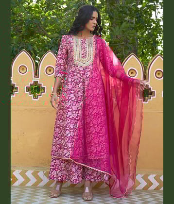 Janasya - Pink Anarkali Cotton Women's Stitched Salwar Suit ( Pack of 1 )