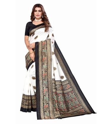 Women's Art Silk Printed Saree with Unstitched Blouse (Black, 5-6 Mtrs)