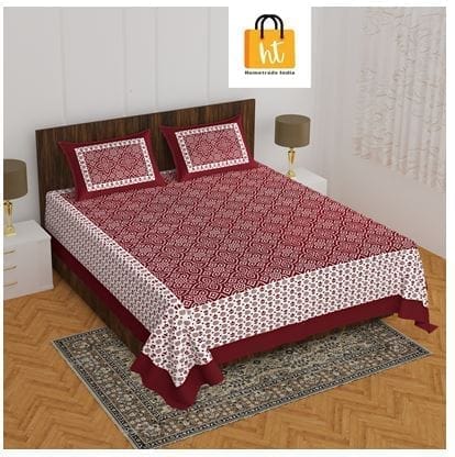 3001-Hometrade India-Standard King Size (90*108 Inches)-Pure Cotton Jaipuri Double Bedsheet With Matching Pillow Cover