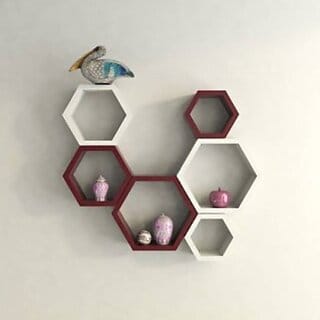 Onlinecrafts Wooden Wall Self Wooden Wall Shelf (Number Of Shelves - 6, White, Maroon)