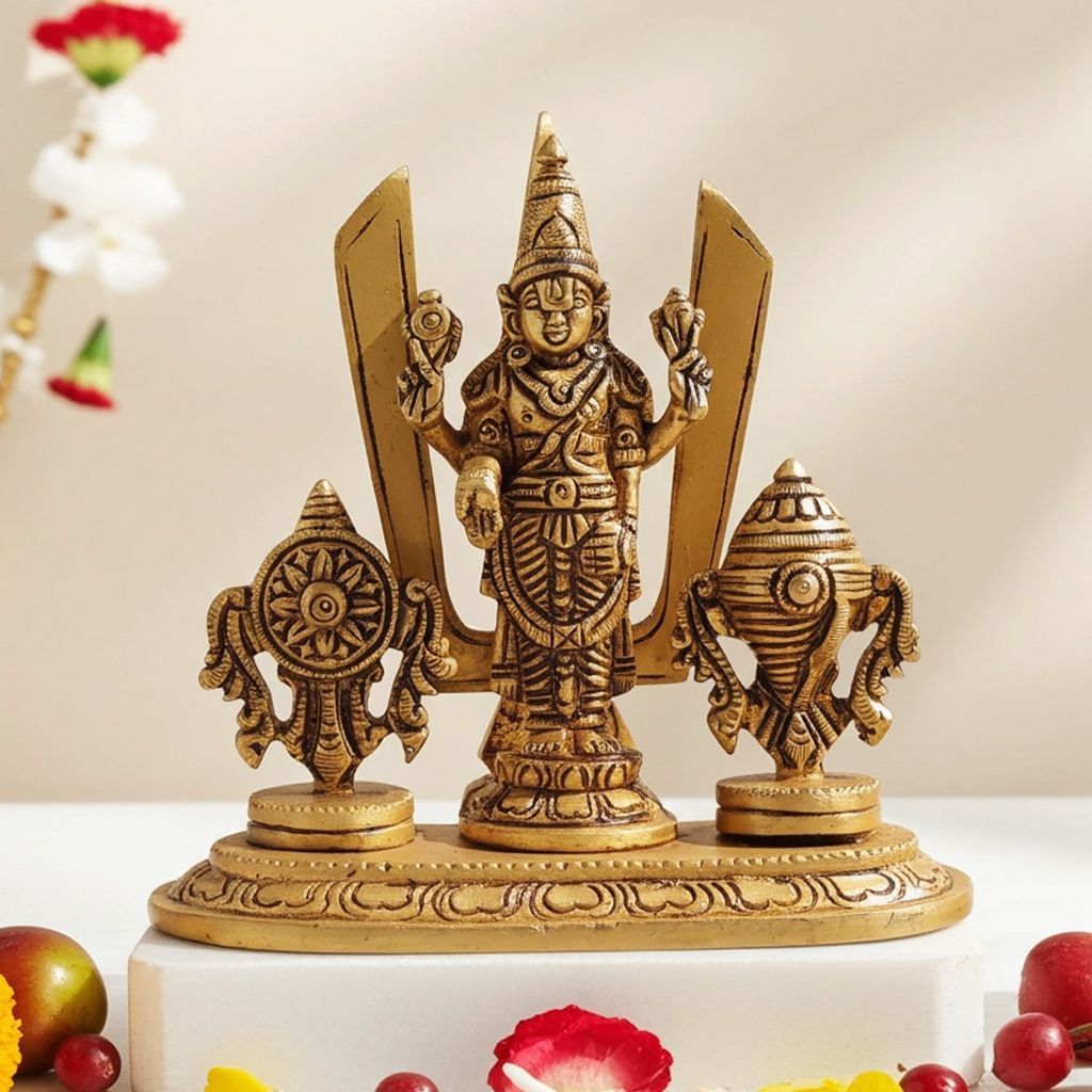 Brass Shankh Chakra Tirupati Balaji God Idol Statue, Height : 4.5 Inch (BSMAS1550 D)
