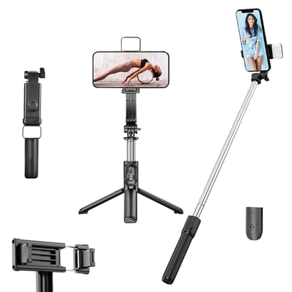 R1S Selfie Stick with Tripod Stand,3 in 1 Multifunctional Design, Rechargeable LED Light with Two Brightness Levels for Make up ,Selfie, Vlogging & Photo Shoot, Selfie Stick