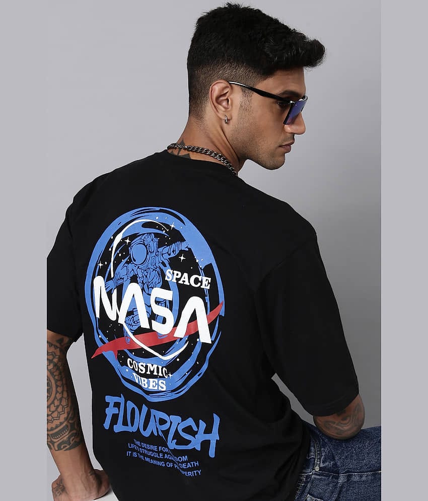 LEWEL Cotton Blend Oversized Fit Printed 3/4th Sleeves Men's Round T-Shirt - Black ( Pack of 1 )