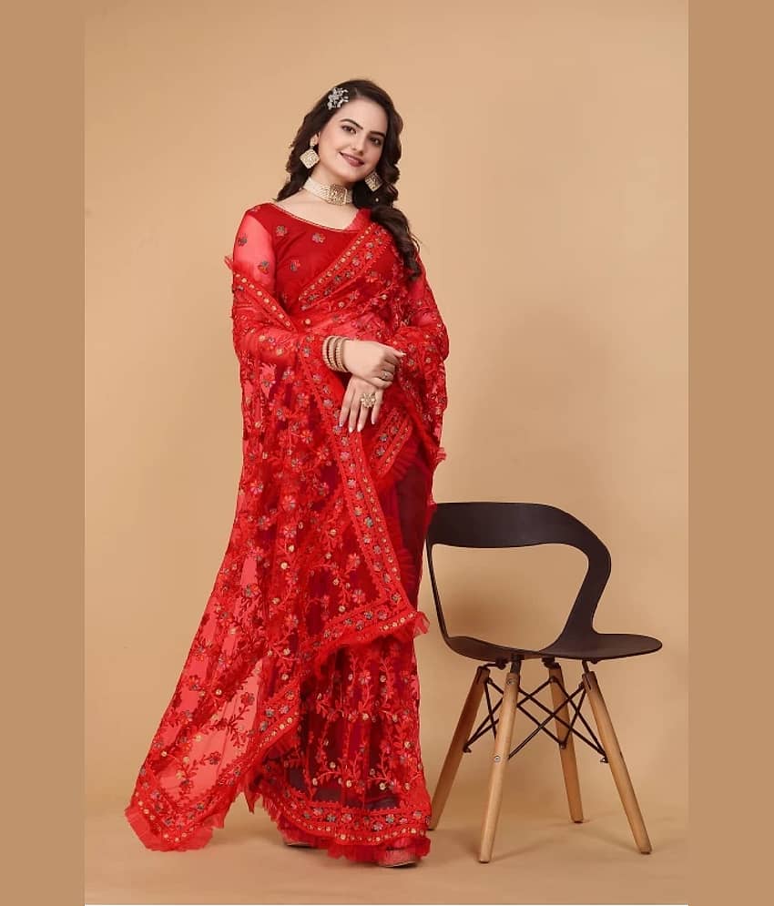 Apnisha Net Embroidered Saree With Unstitched Blouse Piece ( Red )