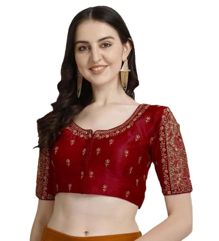 Women's Phantom Silk Woven Round Neck Short Sleeve Readymade Blouse (Maroon, Free Size)-PID57716