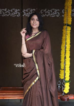 Saadgi ~Pure Cotton Handloom Sarees with Intricate Borders ~ Brown