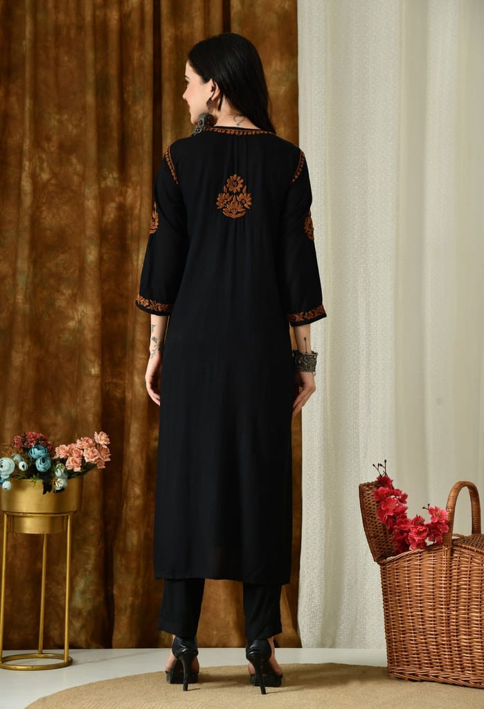 Black Kurta with Intricate Chikankari Work - Brown