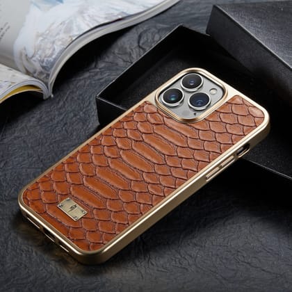 Royal Brown Gold Plated Premium Leather Luxury Case-iPhone 14 Pro Max