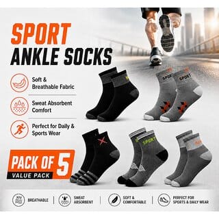 SPORT SOCKS 170526 PACK 5  Men Sports Ankle Socks Cotton Breathable Sweat Absorbent Daily Wear Socks for Men