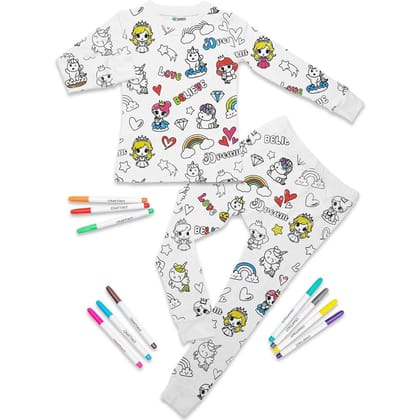 Arni Arts Magic Coloring Pajama Set Top and Bottom with Unicorn and Princess Print and 12 Washable Markers for Kids Age 10 to 11 Years