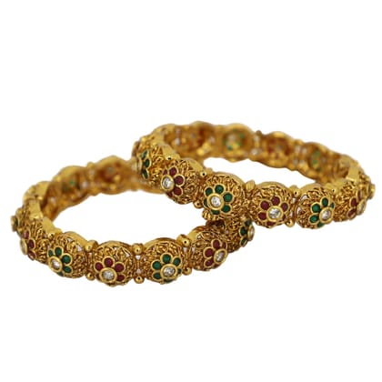Trendisia Gold-Plated Floral Filigree Bangles with Colorful Kemp Stones
