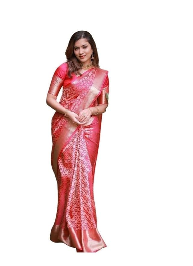 Women's Soft Lichi Silk Printed Saree With Unstitched Blouse 5.5Mtr (Pink)-PID63690