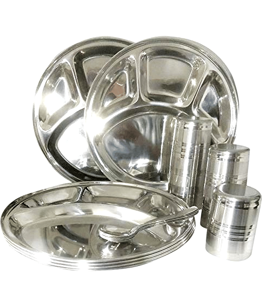Dynore Round mess tray Plain Stainless Steel Dinner Set ( Pack of 18 ) Silver