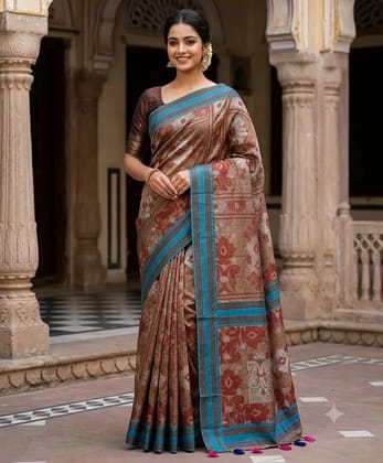 Stylish cotton printed khadi pompom saree