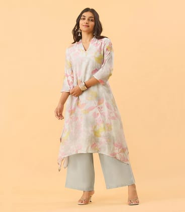 Co-Ord Watercolor Floral Printed Kurta Set-M / Grey