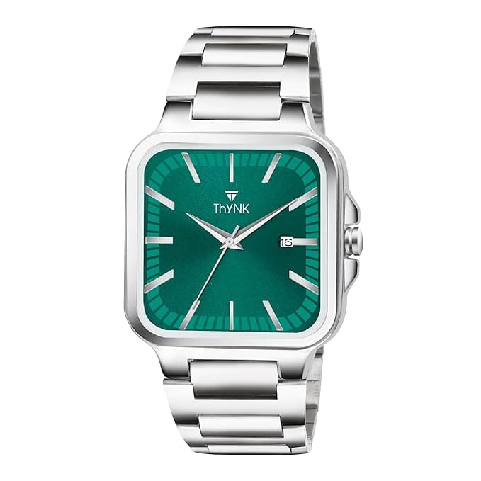 Thynk Stylish Men's Analog Watch| Green Dial, Square Case, Silver Metal Strap