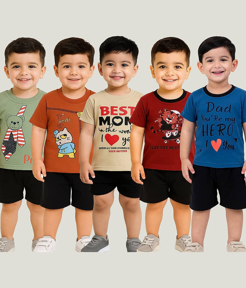 RELANE Pack of 5 Boys Cotton Blend T-Shirt & Shorts Set ( Multicolor )