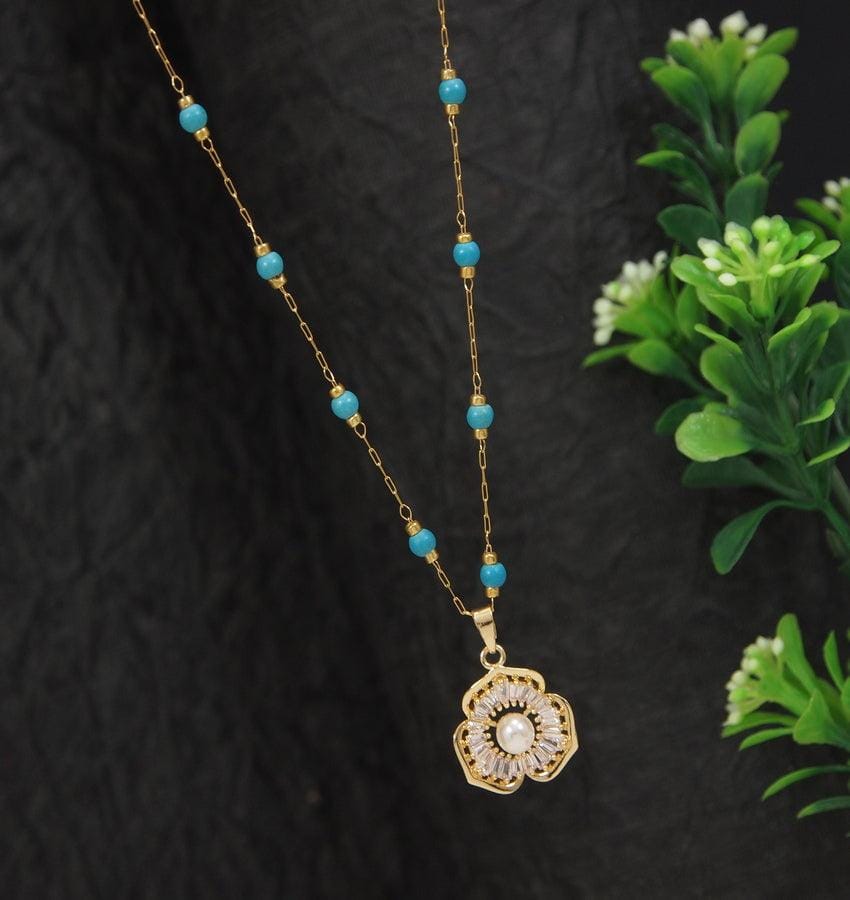Stainless Steel Floral Pendent Pearl Chain Necklace - STNK 4