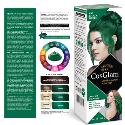 COSGLAM Semi Permanent Hair Color, No Peroxide, Non Oxidative, Ammonia Free Hair Colour 41 Crazy Green - 120gm
