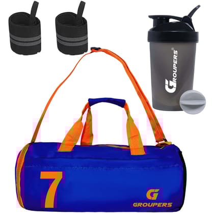 GROUPERS Combo Set of Duffle Polyester Bag with Shaker Bottle-400ml & Wrist BandlSports & Travel Bag (Blue 07)