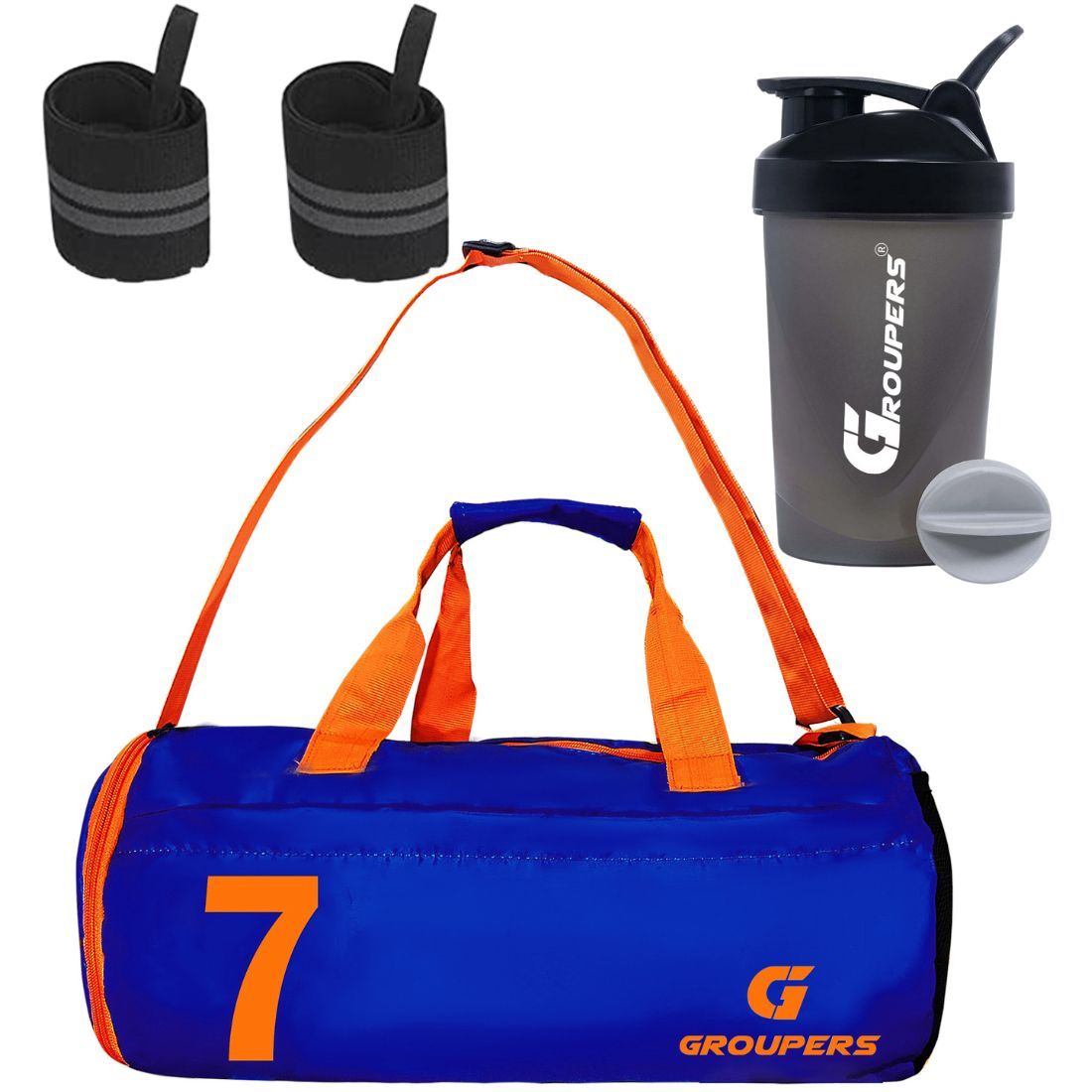 GROUPERS Combo Set of Duffle Polyester Bag with Shaker Bottle-400ml & Wrist BandlSports & Travel Bag (Blue 07)