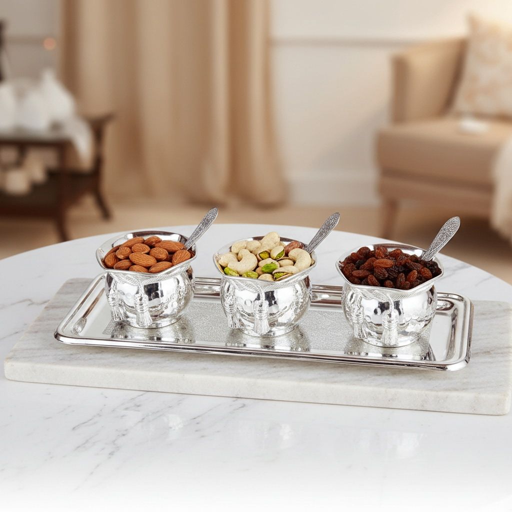 Brass Silver Plated 3 Bowl Tia Set With Plate Packed In Velvet Box (BMAS094)