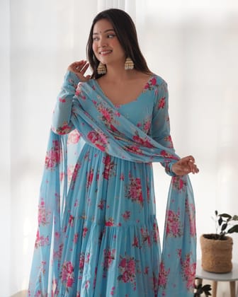 Sky Blue Floral Fox Georgette Anarkali Set with Dupatta & Pants-xs