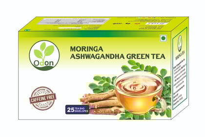 ODON NATURAL Moringa Ashwagandha Green Tea | Herbal Green Tea with Natural Ingredients | 25 Tea Bags | Immunity Booster | Aromatic & Rich Taste | Indian Herbal Blend | Stress Relief & Detox