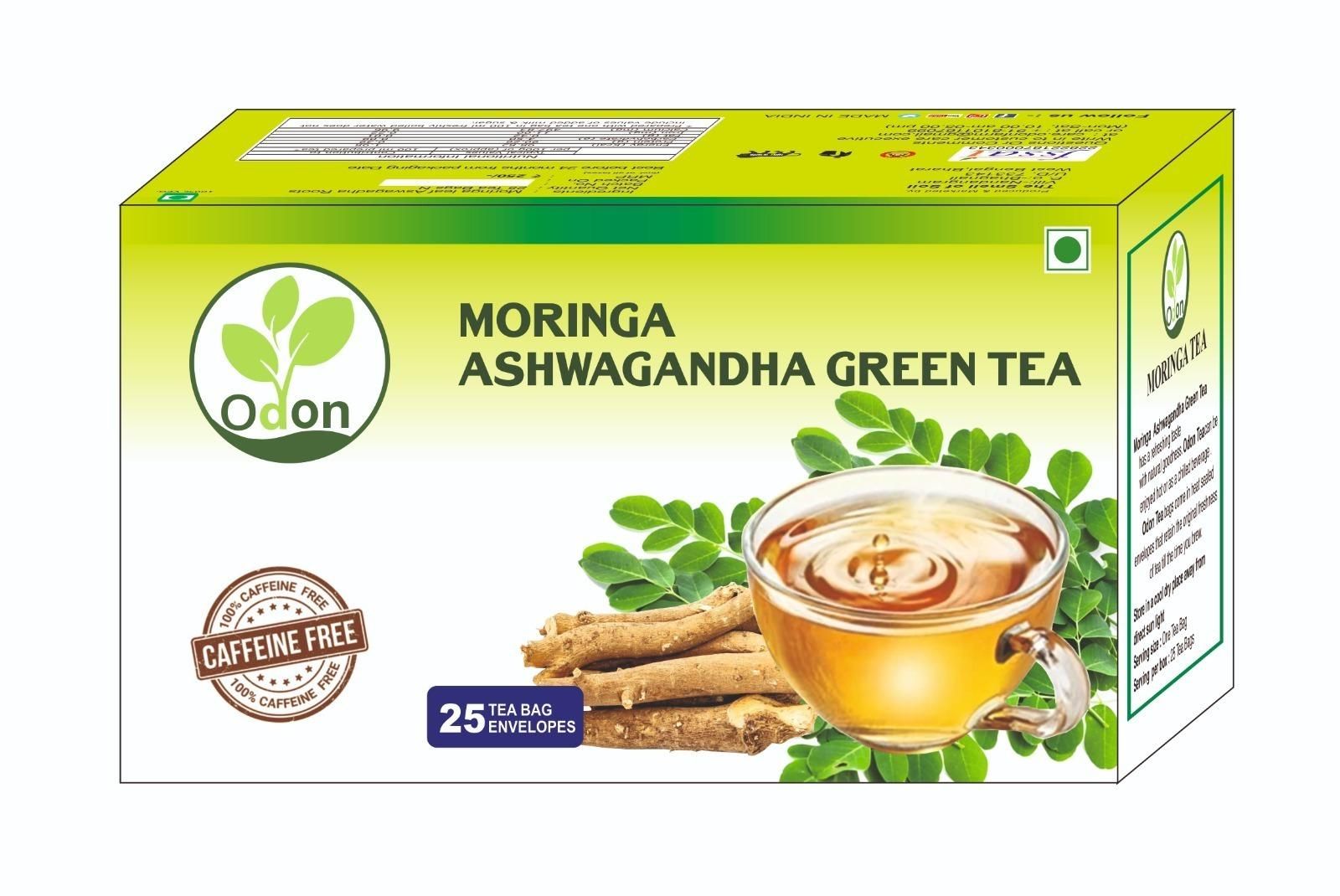 ODON NATURAL Moringa Ashwagandha Green Tea | Herbal Green Tea with Natural Ingredients | 25 Tea Bags | Immunity Booster | Aromatic & Rich Taste | Indian Herbal Blend | Stress Relief & Detox
