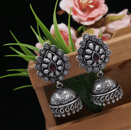 Antique Silver Plated Artwork Silver Beads Jhumki Earring- AER 3563
