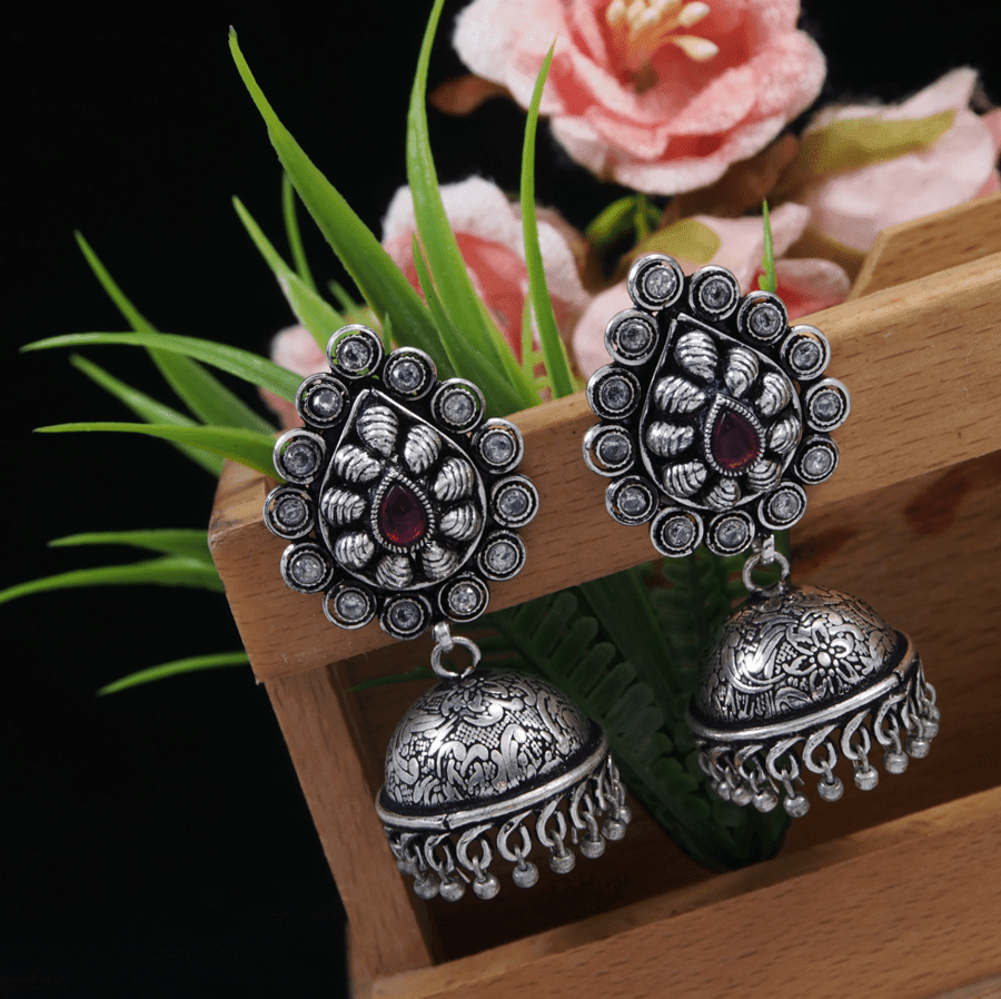 Antique Silver Plated Artwork Silver Beads Jhumki Earring- AER 3563