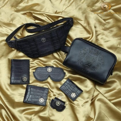 Black Lovers Combo of Deep Cut Croco Wallet, Passport Holder, card Holder, Air-pod Cover, Leather Kit, Eyewear Cover And Cross-body Bag By Brune & Bareskin-FS
