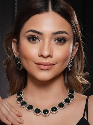 White Rhodium Plated Green CZ Studded Designer Jewellery Set