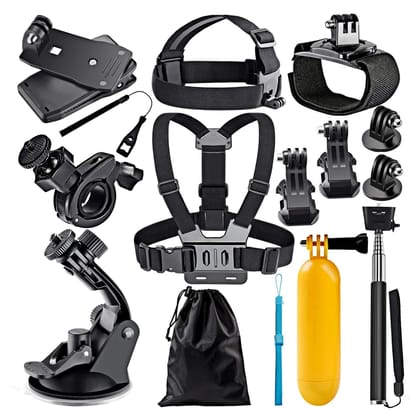 yantralay 15 in 1 Hero Accessories Kit for Cameras - Compatible with Hero 13/12/11/10/9/8/7/6/5 - Insta 360 One R/RS/Osmo Action 3 & 4 - Includes Selfie Monopod, Straps, Mounts & More 15 in 1 kit / 15 in 1 kit