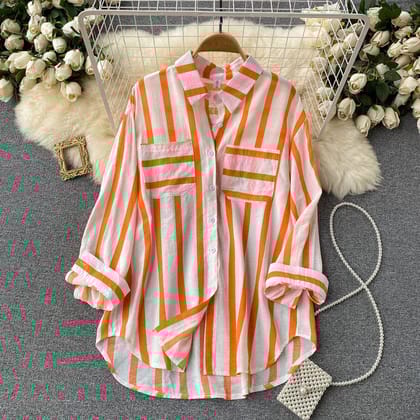 Cotton Comfort fit Double Pocket Mel Striped Shirt-ORANGE / S