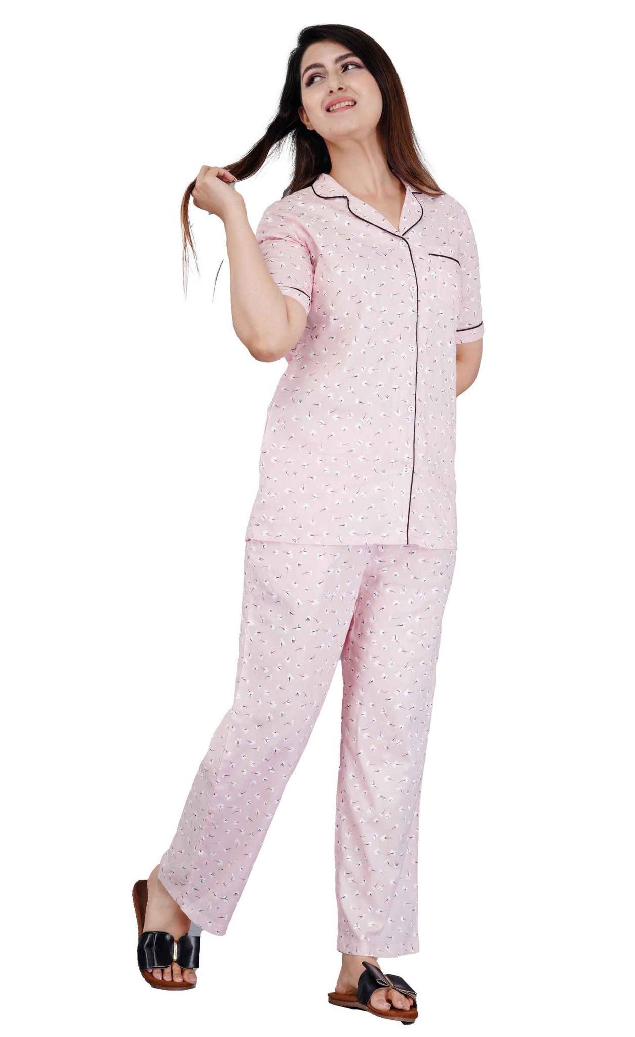 Women's Casual Half Sleeve Printed Viscose Rayon Shirt with Pyjama Pant Night Suit Set Size 3XL (Pink)